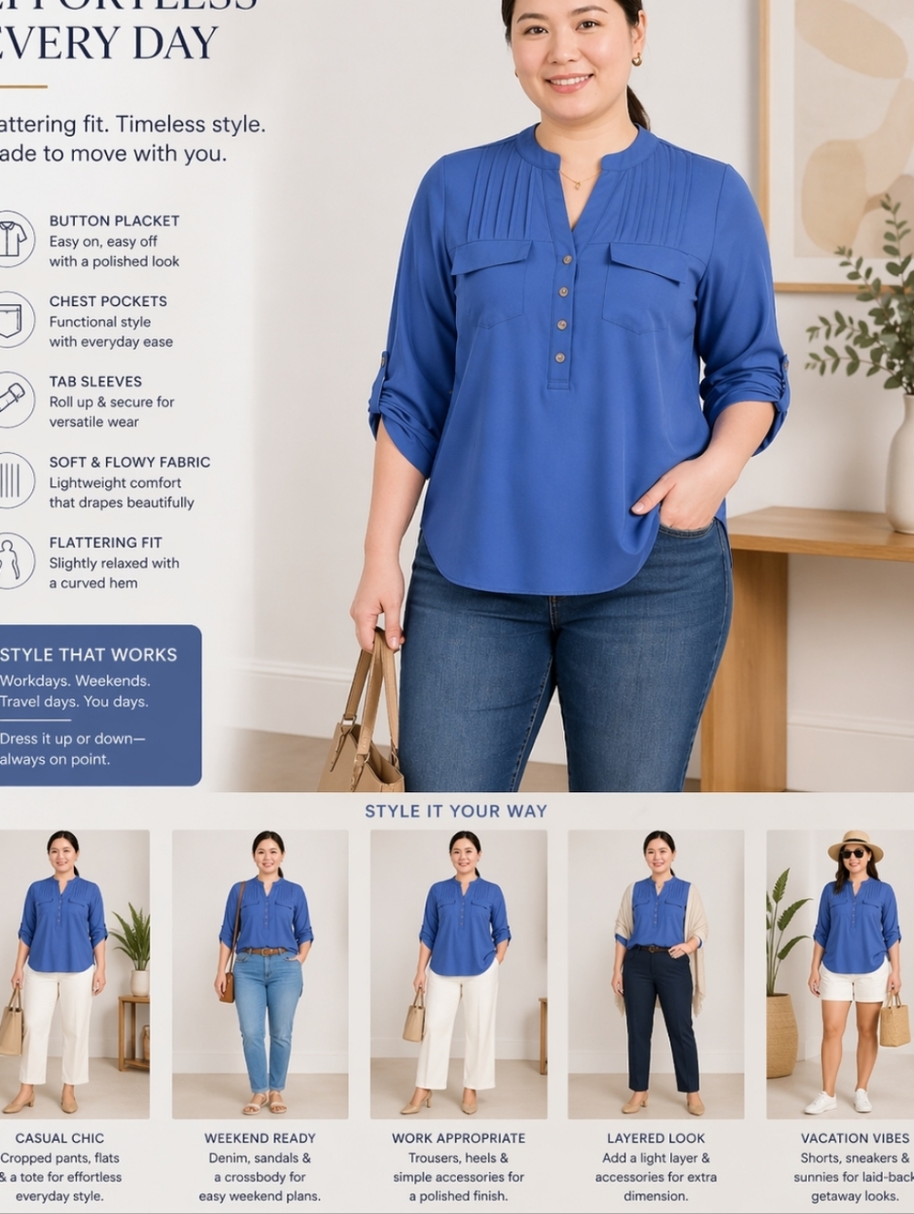 NY Collection Petite Long Tab-Sleeve Blouse with Pockets T-shirt